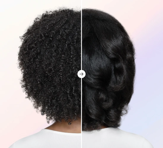 Stylizacja włosów afro u modelki – porównanie przed i po z gładko wymodelowanymi włosami urządzeniem Dyson Airsmooth.