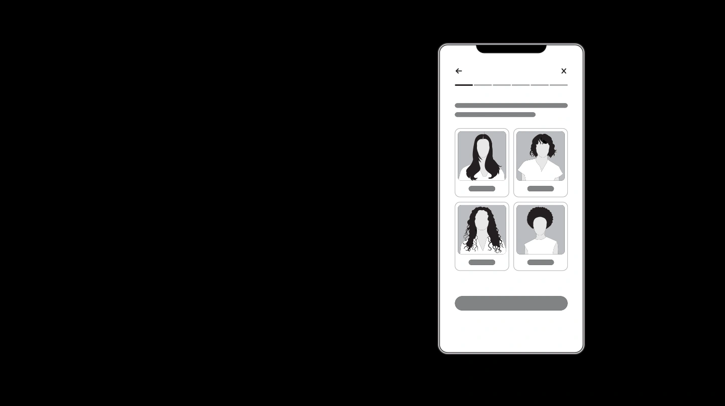 Aplikacja MyDyson w smartfonie pokazuje cztery ikony różnych fryzur od długich gładkich włosów po styl afro.