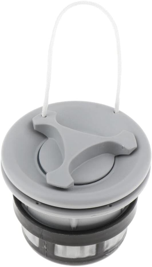 Na obrazie widoczny jest szary korek z zaworem, posiadający uchwyt w kształcie litery \'T\' oraz białą linkę przymocowaną do górnej części. Produkt ma cylindryczny kształt z ciemniejszymi elementami na dole.