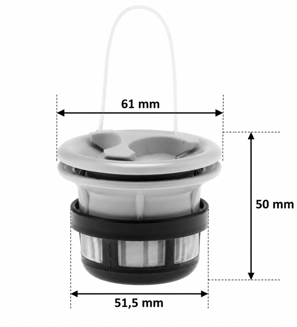 Obraz przedstawia korek zawór do deski SUP z wymiarami: 61 mm szerokości, 50 mm wysokości i 51,5 mm średnicy podstawy. Produkt jest w kolorze szarym z czarnym elementem na dole.