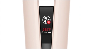 Zbliżenie na wyświetlacz urządzenia z ikoną wentylatora, symbolem pauzy i temperaturą 285°F.