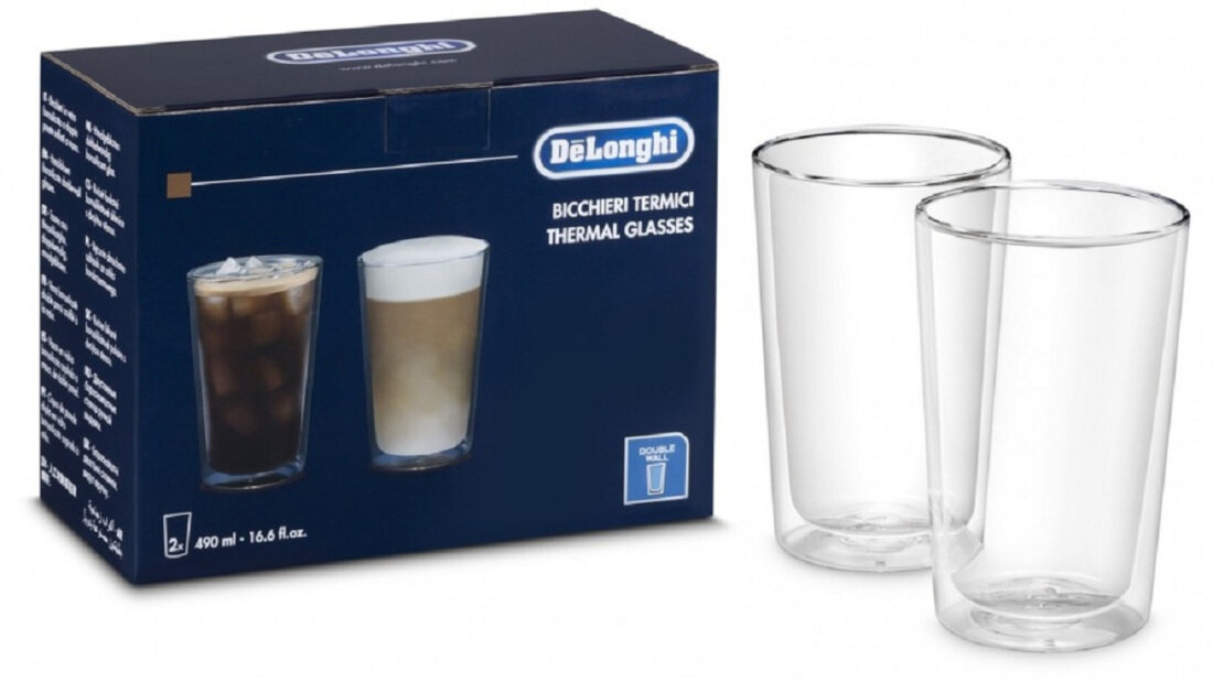 Na obrazie widoczny jest zestaw dwóch szklanek termicznych oraz pudełko z logo \'DeLonghi\'. Na pudełku znajduje się tekst: \'BICCHIERI TERMICI THERMAL GLASSES\' oraz ilustracje napojów w szklankach.