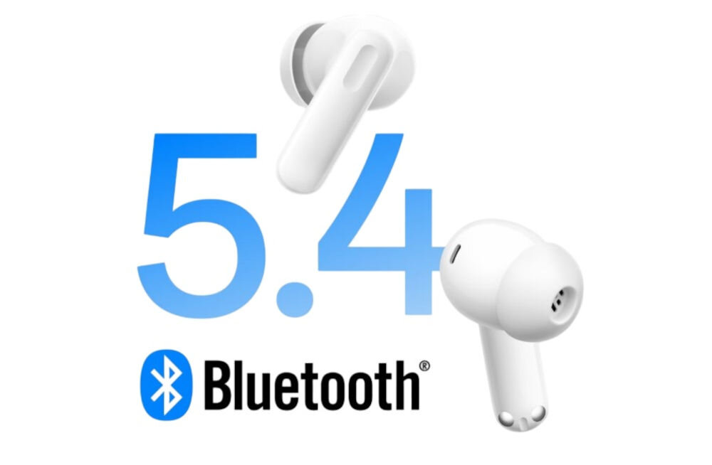Na obrazie widoczne są białe słuchawki dokanałowe oraz duży napis \'5.4\' i logo \'Bluetooth\'.