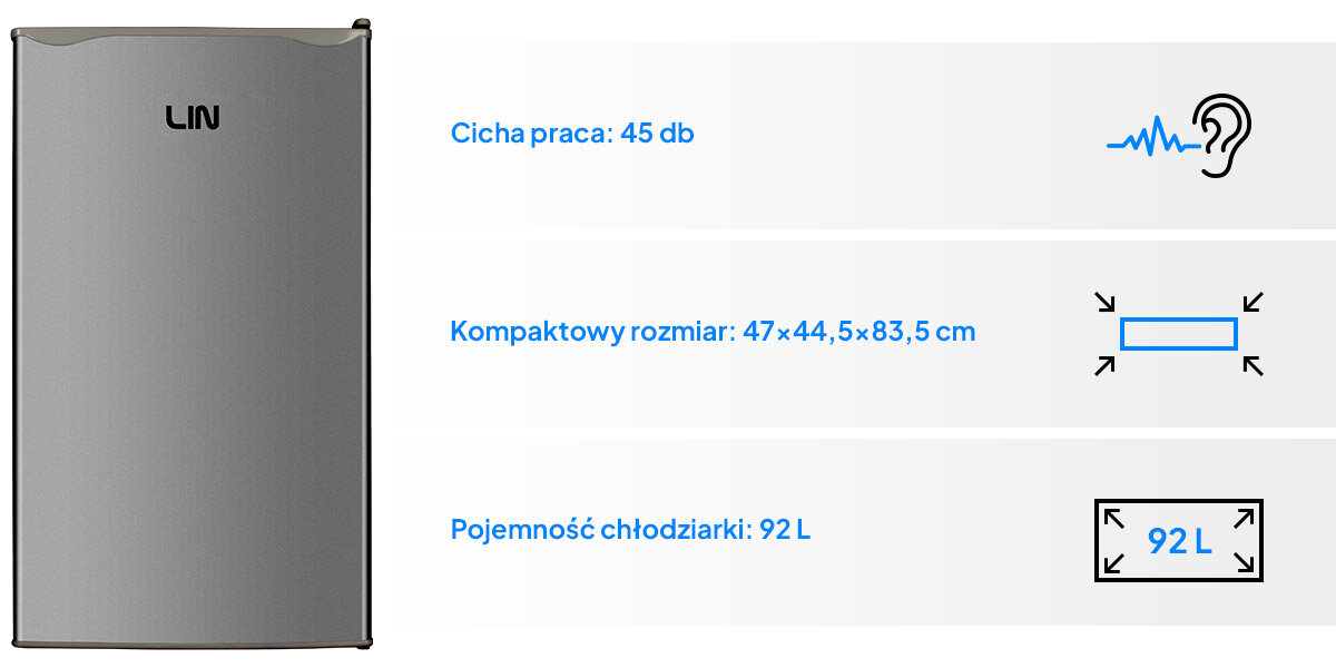 Obraz przedstawia srebrną lodówkę z logo LIN. Obok znajdują się informacje: \'Cicha praca: 45 db\', \'Kompaktowy rozmiar: 47×44,5×83,5 cm\', \'Pojemność chłodziarki: 92 L\'.