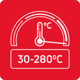 Czerwony kwadrat z białą grafiką termometru i napisem \'30-280°C\'.