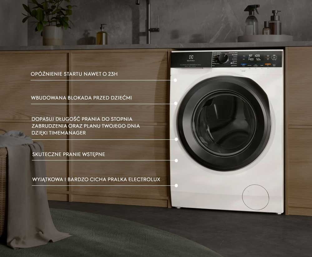 Pralka ELECTROLUX z widocznym panelem sterowania i okrągłym bębnem. Obok pralki znajdują się napisy: \'OPÓŹNIENIE STARTU NAWET O 23H\', \'Wbudowana blokada przed dziećmi\', \'Dopasuj długość prania do stopnia zabrudzenia oraz planu twojego dnia dzięki TimeManager\', \'Skuteczne pranie wstępne\', \'Wyjątkowa i bardzo cicha pralka Electrolux\'.