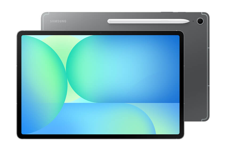Na obrazie widoczny jest tablet z dużym ekranem, na którym wyświetlany jest abstrakcyjny wzór w odcieniach zieleni i niebieskiego. W tle znajduje się tył tabletu z logo \'SAMSUNG\' oraz przymocowanym rysikiem.