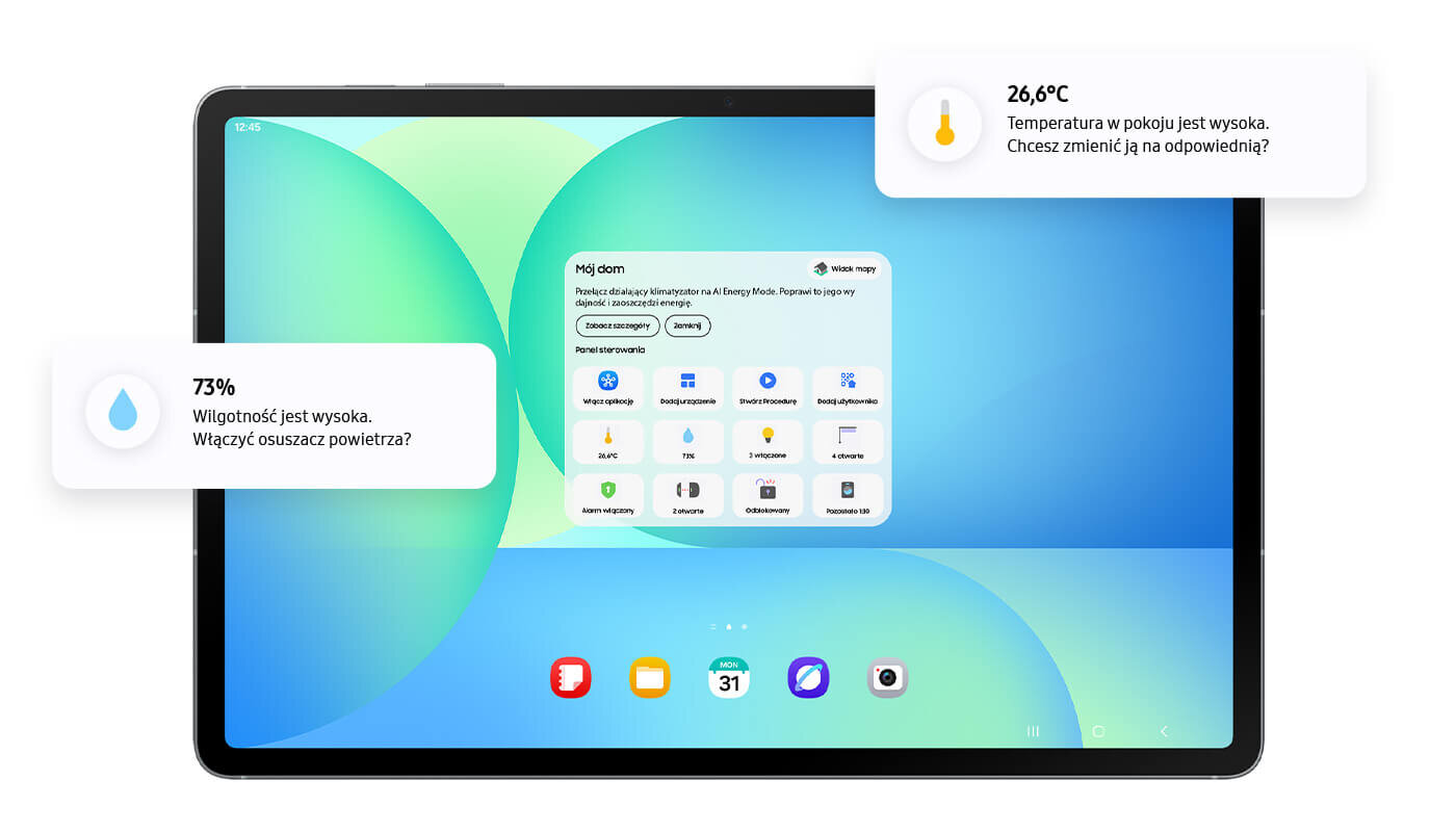 Widżet Home Insight wyświetlany na ekranie głównym serii Galaxy Tab S10 FE z różnymi ikonami na pulpicie i sugestiami AI dotyczącymi temperatury i wilgotności. Tablet z wyświetlaczem pokazującym ekran główny z aplikacjami i powiadomieniami. Widoczne powiadomienia: \'73% Wilgotność jest wysoka. Włączyć osuszacz powietrza?\' oraz \'26,6°C Temperatura w pokoju jest wysoka. Chcesz zmienić ją na odpowiednią?\'.