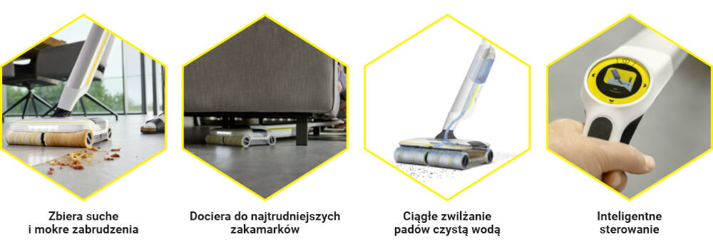 Cztery zdjęcia przedstawiające mop elektryczny w różnych sytuacjach użytkowania. Pod każdym zdjęciem znajdują się napisy: \'Zbiera suche i mokre zabrudzenia\', \'Dociera do najtrudniejszych zakamarków\', \'Ciągłe zwilżanie padów czystą wodą\', \'Inteligentne sterowanie\'.