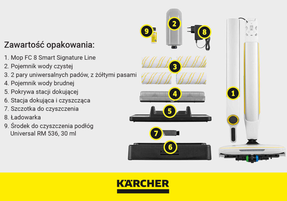 Obraz przedstawia zestaw akcesoriów do mopa elektrycznego, w tym mop, pojemniki na wodę, pady czyszczące, stację dokującą i ładowarkę. Widoczny jest tekst: \'Zawartość opakowania: 1. Mop FC 8 Smart Signature Line 2. Pojemnik wody czystej 3. 2 pary uniwersalnych padów, z żółtymi pasami 4. Pojemnik wody brudnej 5. Pokrywa stacji dokującej 6. Stacja dokująca i czyszcząca 7. Szczotka do czyszczenia 8. Ładowarka 9. Środek do czyszczenia podłóg Universal RM 536, 30 ml\'. Na dole znajduje się logo \'KARCHER\'.