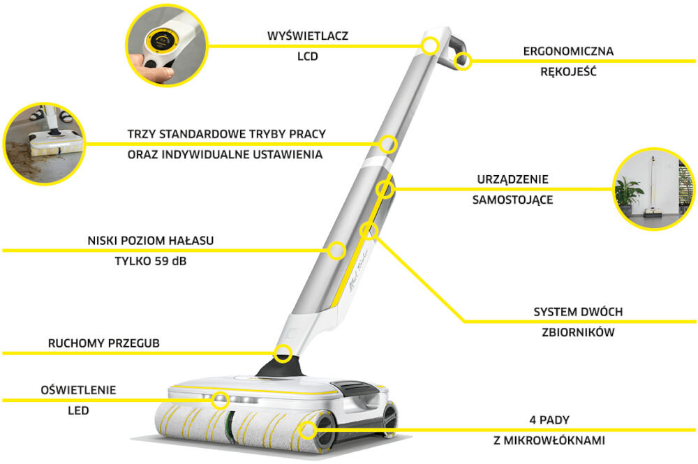 Obraz przedstawia elektryczny mop z ergonomiczną rączką i wyświetlaczem LCD. Opisane są jego funkcje, takie jak niski poziom hałasu 59 dB, oświetlenie LED, ruchomy przegub, system dwóch zbiorników oraz 4 pady z mikrowłóknami.