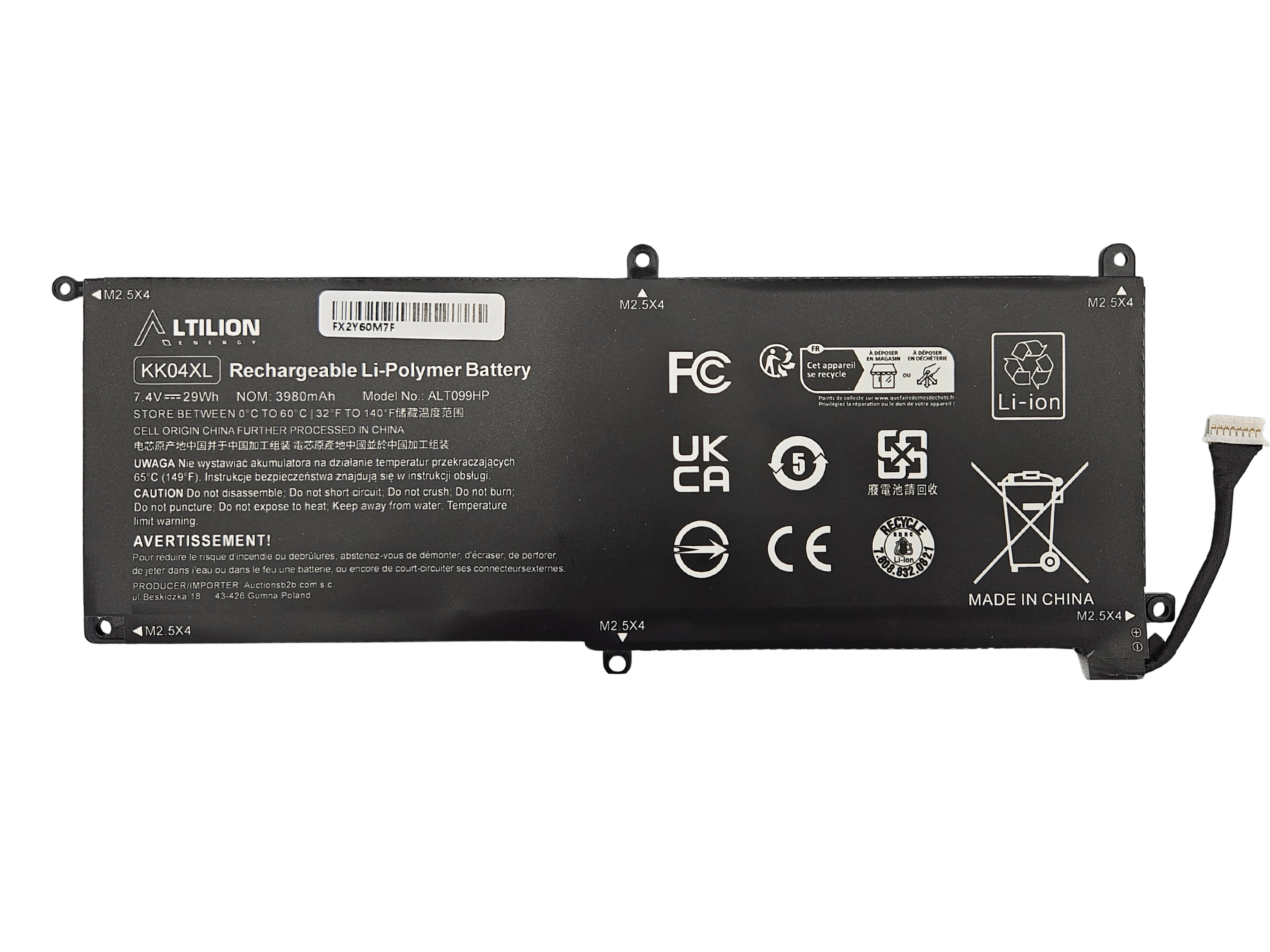 Czarna bateria litowo-polimerowa z oznaczeniami i symbolami certyfikacyjnymi, takimi jak FCC, UKCA, CE oraz informacją \'MADE IN CHINA\'. Widoczny jest tekst: \'ALTION KK04XL Rechargeable Li-Polymer Battery 7.4V 52.9Wh NOM: 3980mAh Model No: AL1089HP\'.