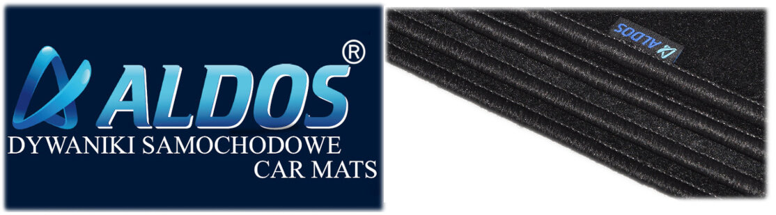 Po lewej stronie widoczne jest logo \'ALDOS DYWANIKI SAMOCHODOWE CAR MATS\', a po prawej czarne welurowe dywaniki samochodowe z widocznym logo \'ALDOS\'.