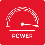Czerwony kwadrat z białym symbolem prędkościomierza i napisem \'POWER\'.
