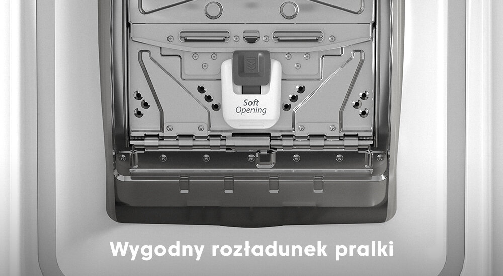Obraz przedstawia wnętrze pralki z widocznym mechanizmem Soft Opening. Na dole znajduje się tekst: \'Wygodny rozładunek pralki\'.