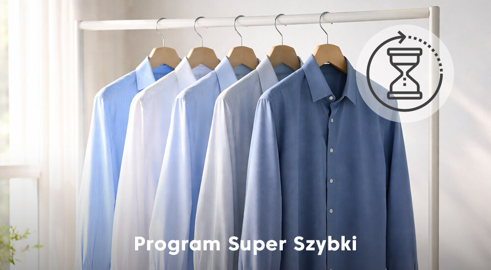 Na wieszaku wiszą cztery koszule w odcieniach niebieskiego i białego. Widoczny jest tekst \'Program Super Szybki\' oraz ikona klepsydry.