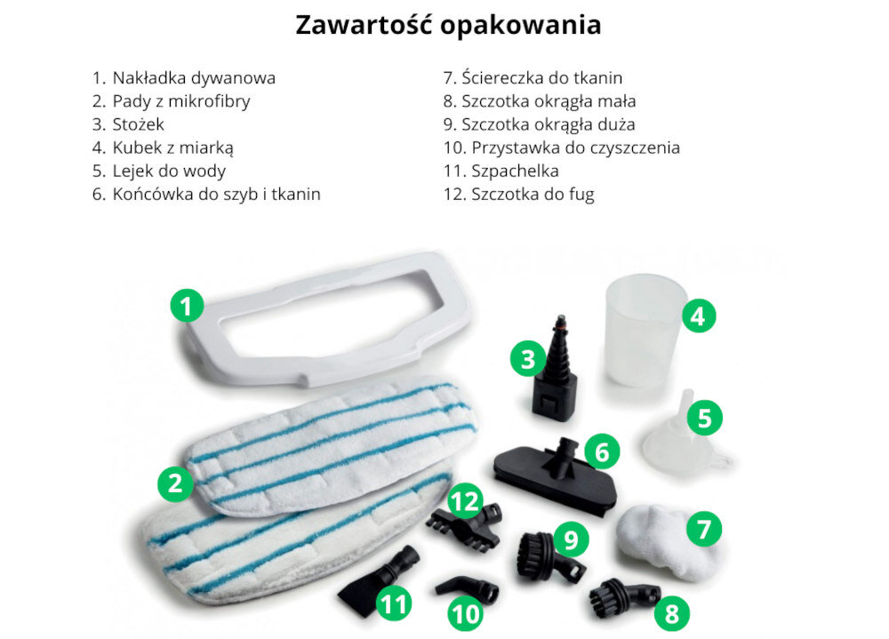 Zdjęcie przedstawia zestaw akcesoriów do mopa parowego, w tym nakładkę dywanową, pady z mikrofibry, stożek, kubek z miarką, lejek do wody, końcówkę do szyb i tkanin, ściereczkę do tkanin, szczotki okrągłe, przystawkę do czyszczenia, szpachelkę oraz szczotkę do fug. Na górze obrazu znajduje się tekst: \'Zawartość opakowania\'.