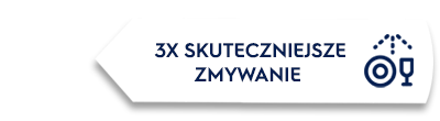 Grafika przedstawia biały kształt z tekstem \'3X SKUTECZNIEJSZE ZMYWANIE\' oraz ikoną talerza i kropli wody.
