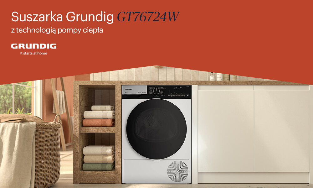 Obraz przedstawia suszarkę do ubrań w zabudowie, z widocznym panelem sterowania i okrągłym bębnem. Na górze znajduje się tekst: \'Suszarka Grundig GT76724W z technologią pompy ciepła\', a poniżej logo \'GRUNDIG It starts at home\'.