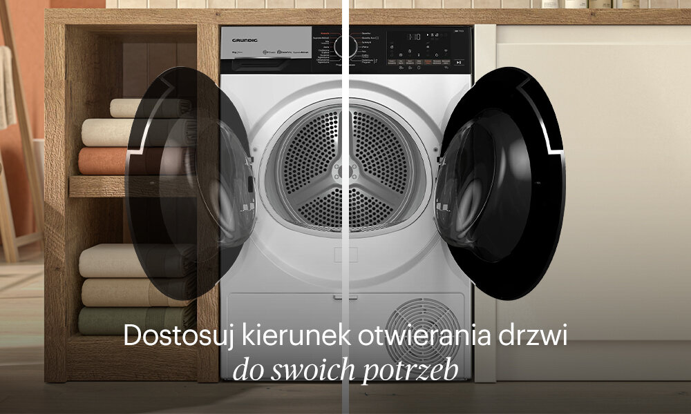 Obraz przedstawia suszarkę GRUNDIG z otwartymi drzwiami, umieszczoną w zabudowie z półkami na ręczniki. Na dole widoczny jest tekst: \'Dostosuj kierunek otwierania drzwi do swoich potrzeb\'.