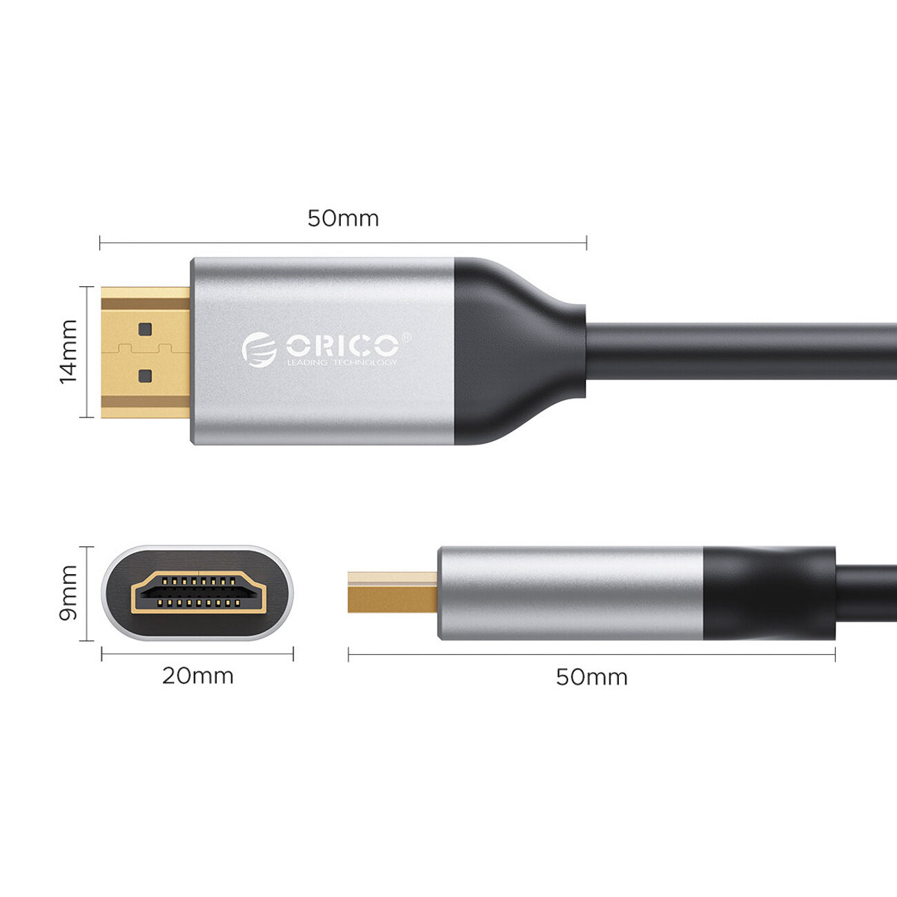 Obraz przedstawia kabel HDMI z logo \'ORICO\' na wtyczce. Wymiary wtyczki to 50mm długości i 14mm szerokości, a złącze ma szerokość 9mm i długość 20mm.