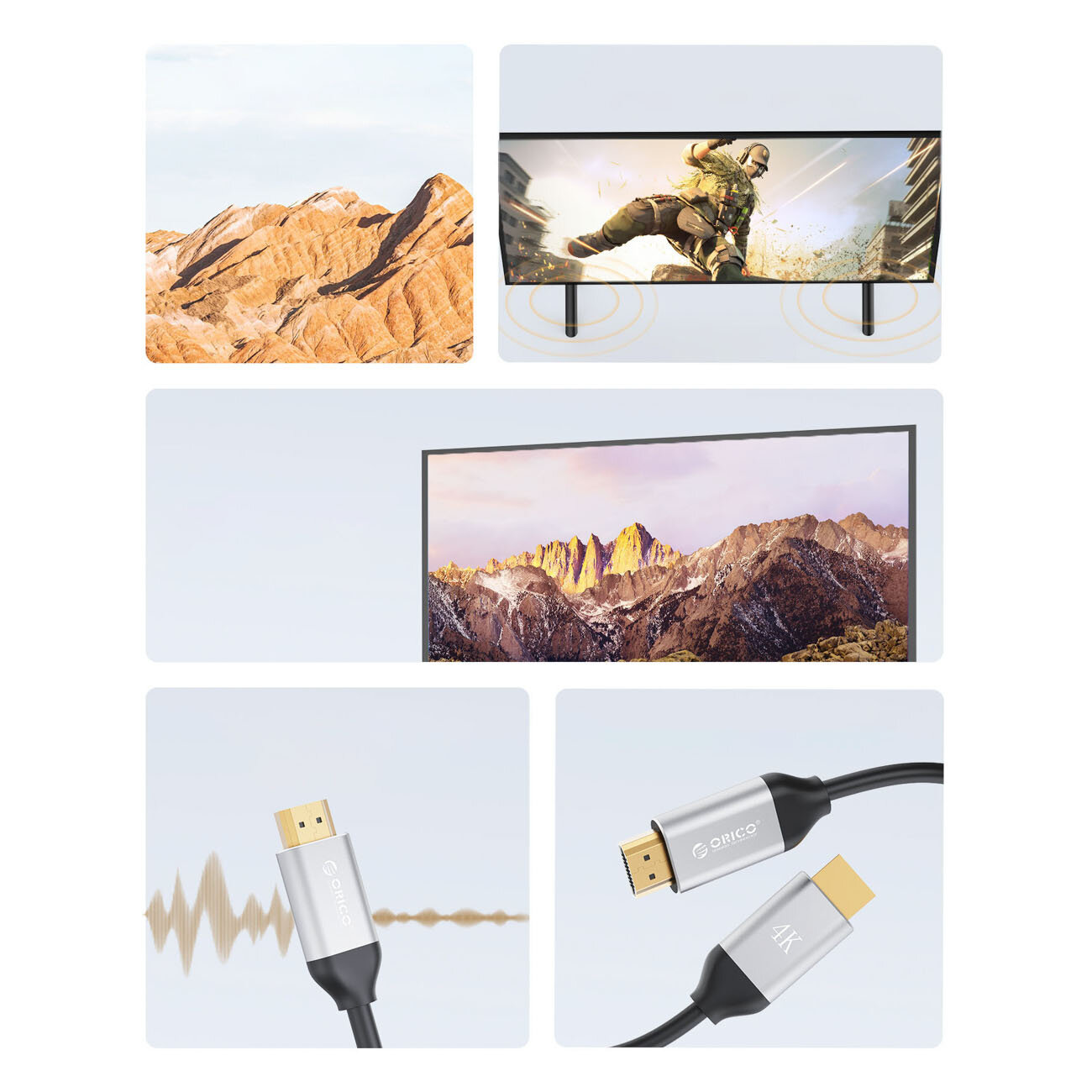 Obraz przedstawia kabel HDMI z logo \'Orico\' oraz oznaczeniem \'4K\'. W tle widoczne są ekrany z krajobrazami górskimi i sceną z gry komputerowej.