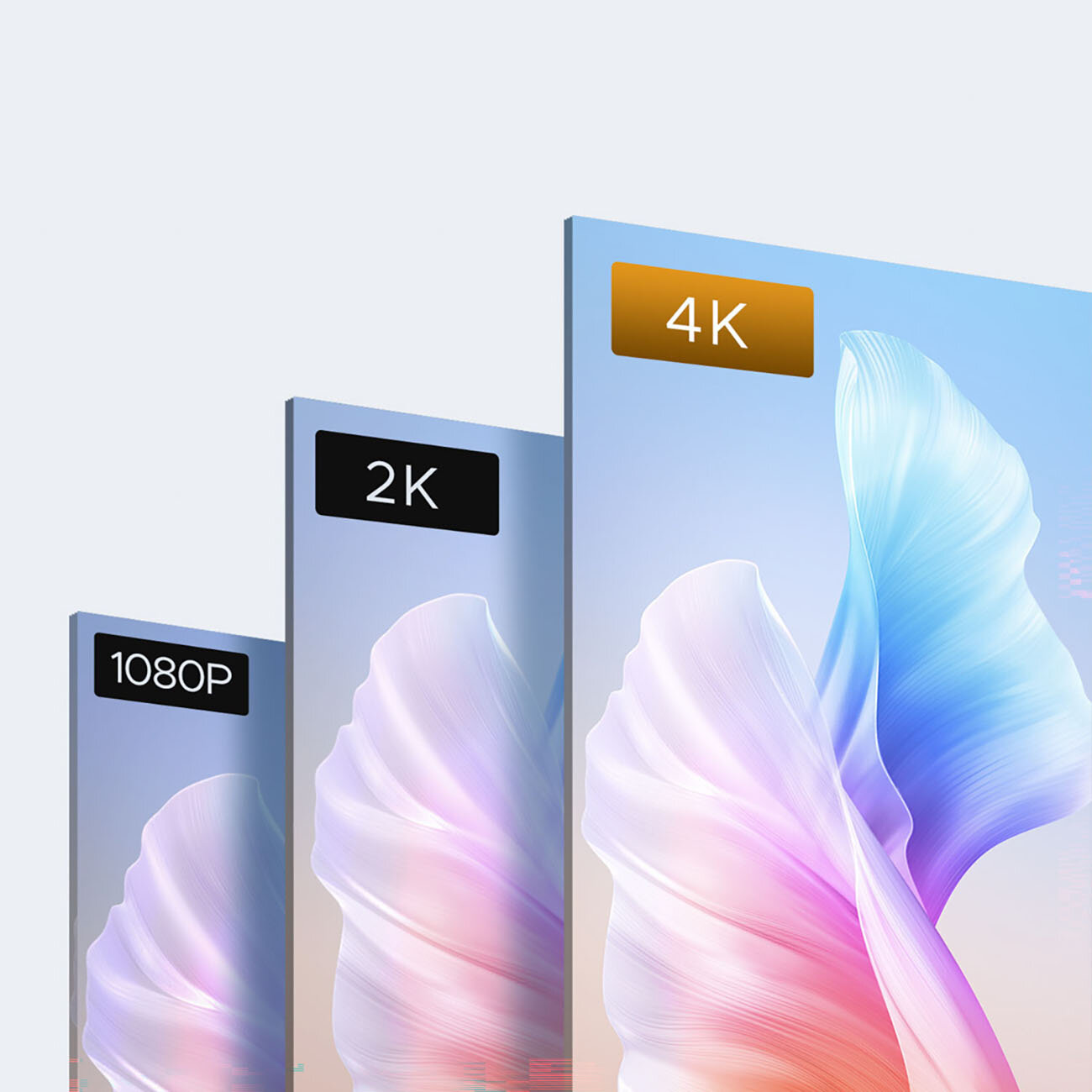 Obraz przedstawia trzy ekrany o różnych rozdzielczościach: 1080P, 2K i 4K. Każdy ekran pokazuje abstrakcyjny, kolorowy wzór przypominający falujące tkaniny.