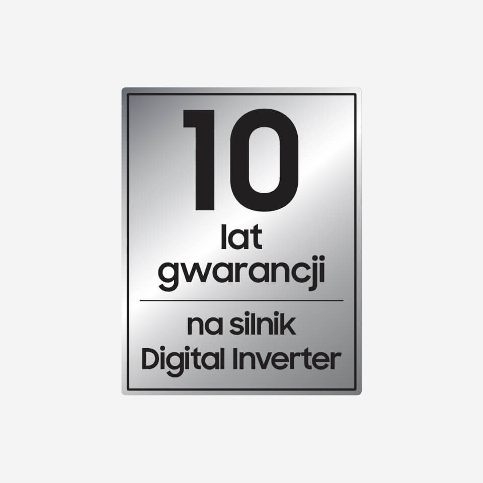 w suszarce dv90dg52a0aeeo zastosowano wydajny silnik digital inverter Obraz przedstawia srebrny znak z napisem: \'10 lat gwarancji na silnik Digital Inverter\'.