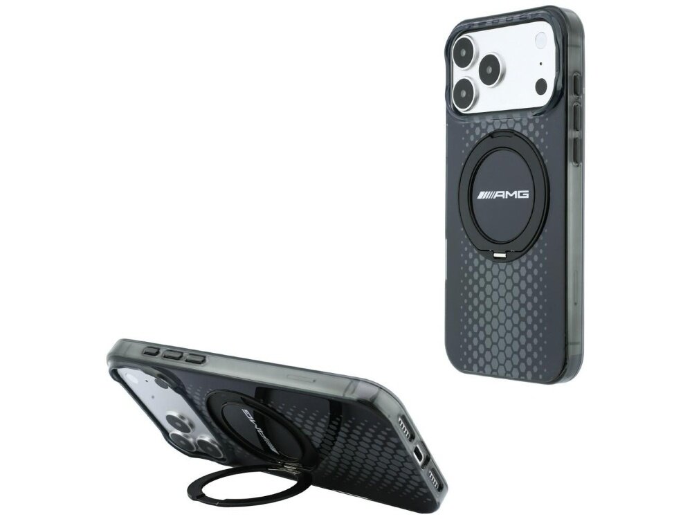 Czarne etui na telefon z widocznym logo \'AMG\' na okrągłym elemencie z tyłu. Etui ma teksturę w kształcie sześciokątów i jest wyposażone w pierścień MagSafe.