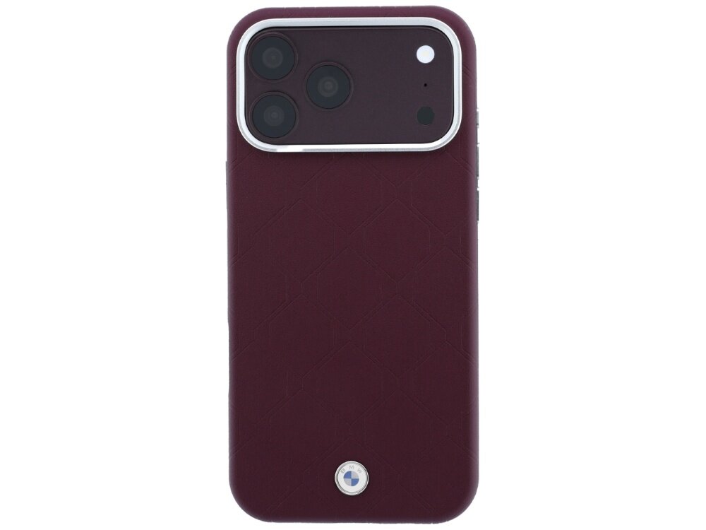 Bordowe etui na telefon z trzema widocznymi obiektywami aparatu i metalowym logo BMW na dole. Powierzchnia etui ma delikatny wzór wytłoczeń.