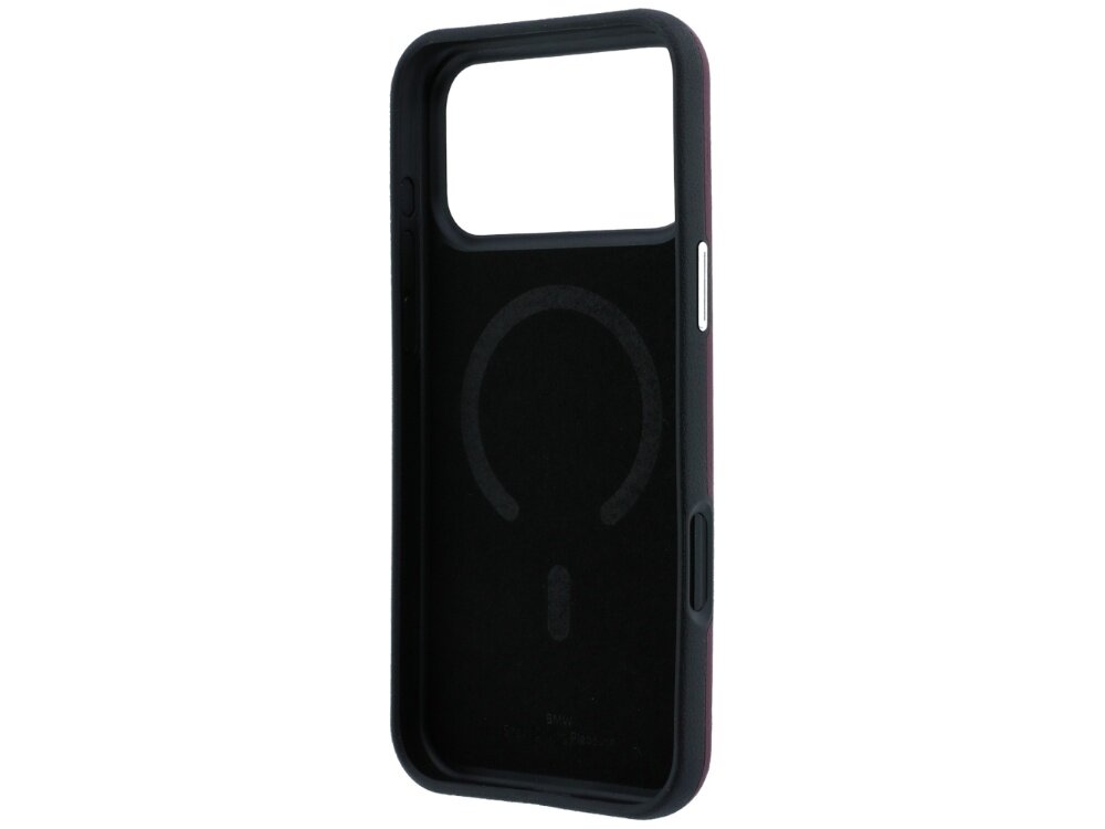 Etui na telefon w kolorze niebieskim z widocznym logo \'KARL LAGERFELD\' na wewnętrznej stronie. Etui posiada okrągły wzór MagSafe i wycięcie na aparat.