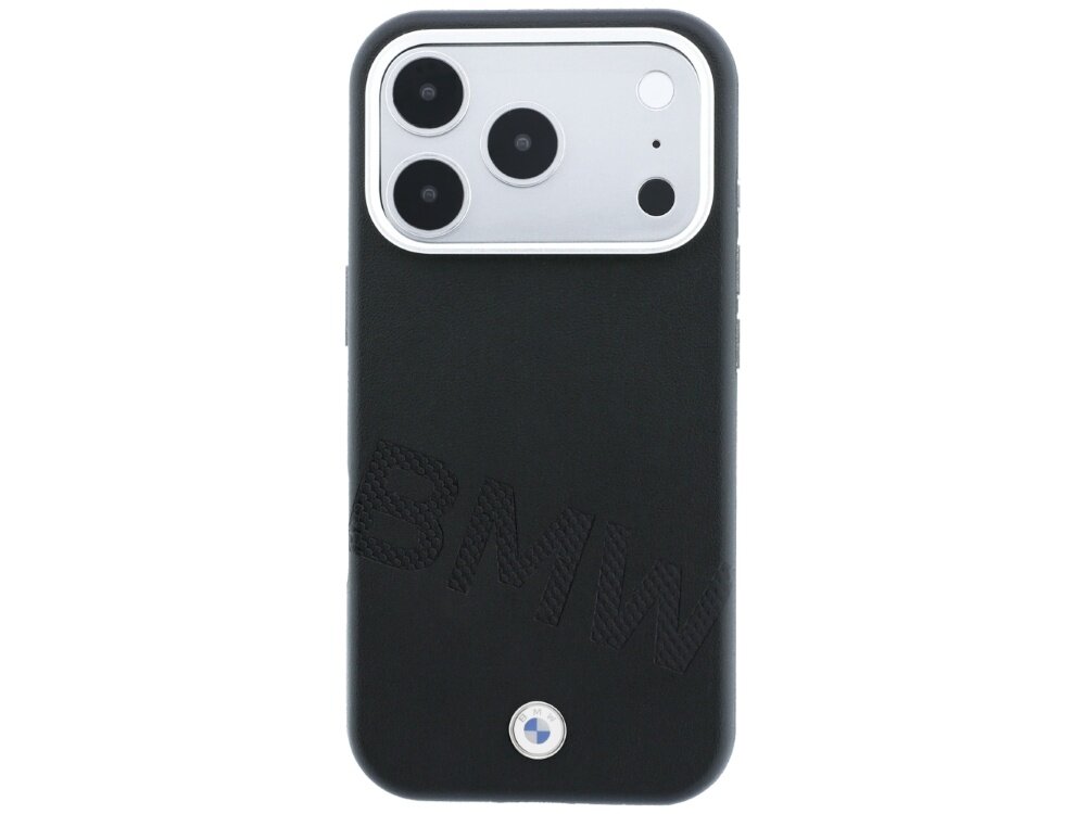 Czarne etui z wytłoczonym napisem \'BMW\' oraz logo BMW na dole, przeznaczone do telefonu z trzema obiektywami aparatu.