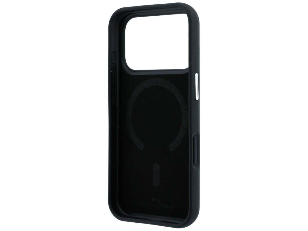 Czarne etui na telefon z dużym otworem na aparat i widocznym okrągłym wzorem wewnątrz. Na dole widoczny jest napis \'BMW\' oraz \'Designed for BMW\'.
