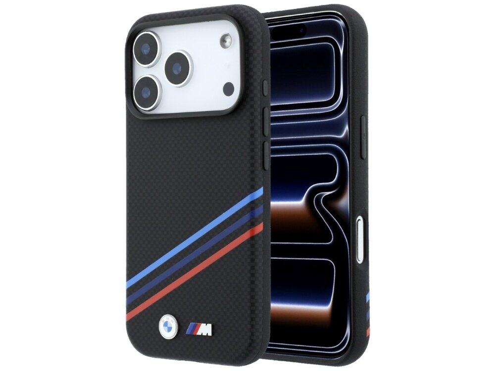 Czarne etui na telefon z trójkolorowymi liniami i metalowym logo \'M\'. Widoczne są trzy obiektywy aparatu oraz przyciski boczne na etui.