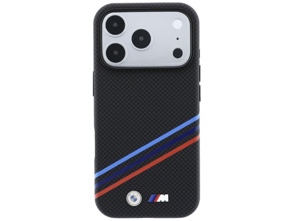 Czarne etui z wzorem kevlarowym posiada trzy kolorowe linie: niebieską, granatową i czerwoną oraz metalowe logo \'M\'. Widoczne są również wycięcia na aparat i logo BMW.
