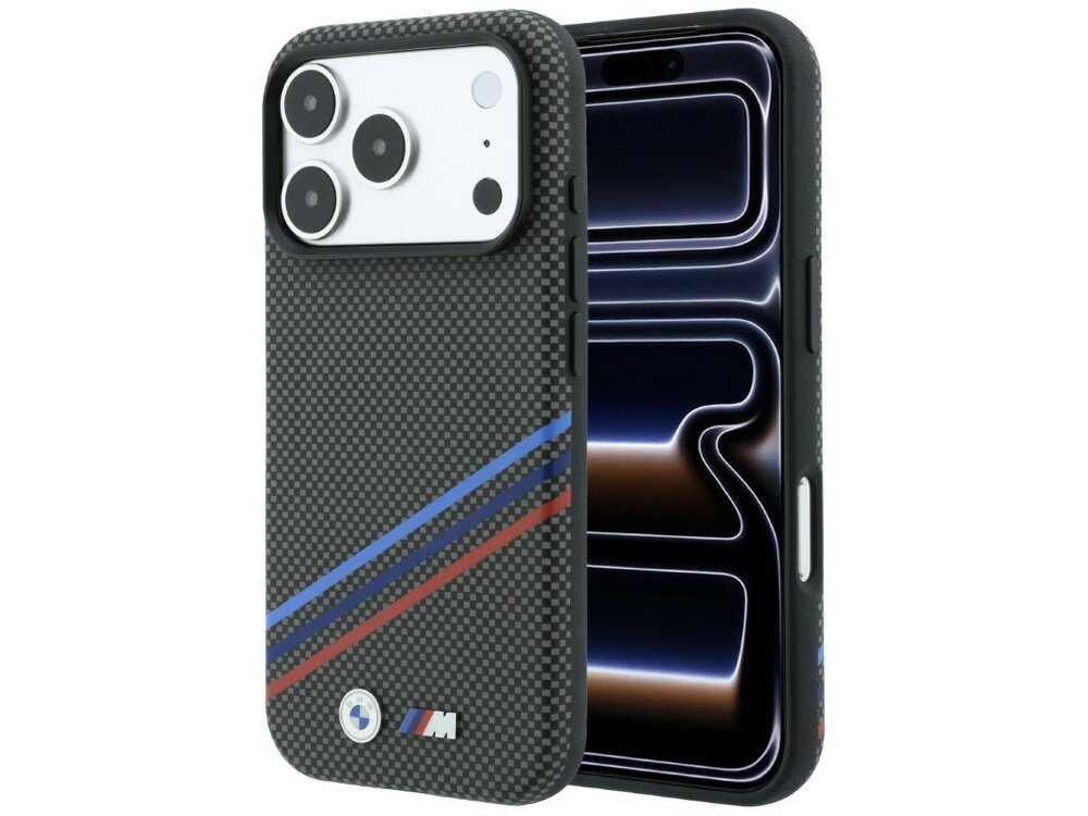 Etui na telefon z wzorem przypominającym kevlar, ozdobione trzema paskami w kolorach niebieskim, granatowym i czerwonym oraz metalowym logo M. Widoczny jest również otwór na aparat i przyciski boczne.