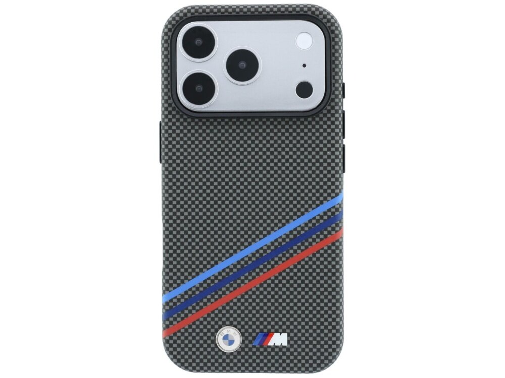 Etui na telefon z wzorem kevlarowym w kolorze antracytowym, ozdobione trzema ukośnymi liniami w kolorach niebieskim, granatowym i czerwonym oraz metalowym logo M. Widoczne jest również logo BMW na dole etui.