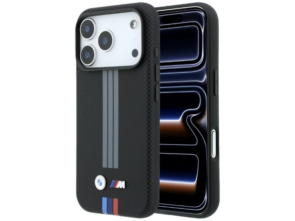 Czarne etui z trzema pionowymi szarymi paskami i logo M na dole. Etui jest przeznaczone do telefonu z trzema dużymi obiektywami aparatu.