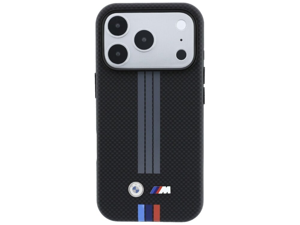 Czarne etui z teksturą kevlaru posiada trzy pionowe szare linie oraz logo \'M\' z kolorowymi paskami na dole. W górnej części widoczny jest aparat z trzema obiektywami.