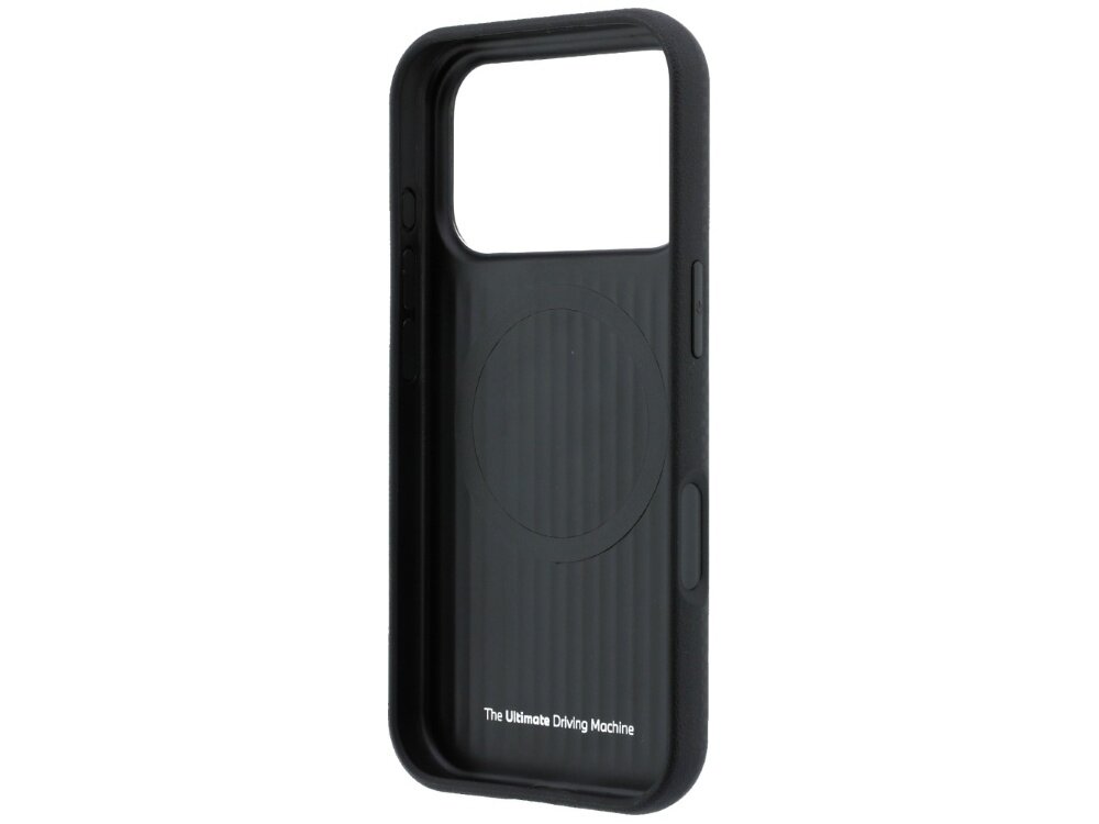 Czarne etui z wycięciem na aparat i tekstem \'The Ultimate Driving Machine\' na dole. Wewnątrz widoczny jest okrągły wzór, prawdopodobnie dla funkcji MagSafe.