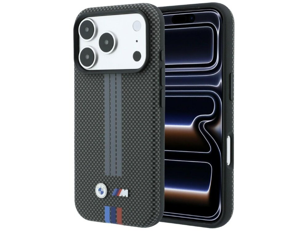 Etui na telefon z wzorem przypominającym włókno węglowe, z trzema pionowymi liniami w kolorach szarym, niebieskim i czerwonym oraz logo M. Widoczny jest również telefon z trzema aparatami i ekranem z abstrakcyjnym wzorem.
