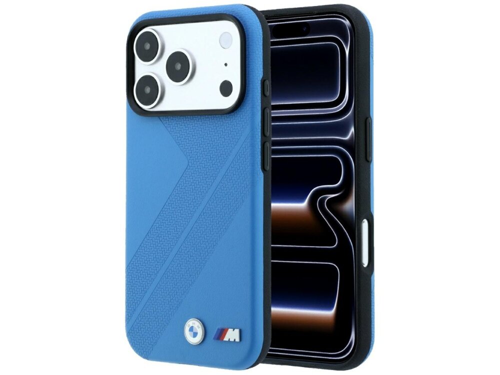 Niebieskie etui na telefon z teksturą i logo BMW M na dole. Widoczne są trzy obiektywy aparatu oraz przyciski boczne na krawędzi etui.