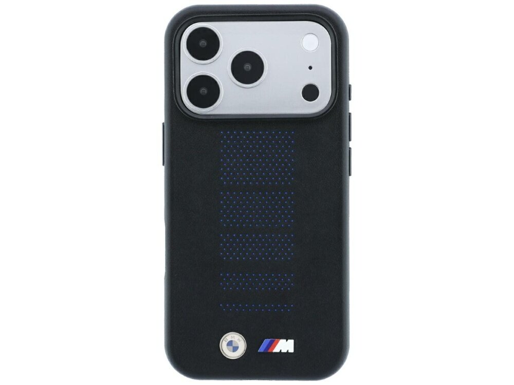 Czarne etui na telefon z trzema dużymi otworami na aparaty i logo \'M\' oraz okrągłym logo producenta na dole. Na powierzchni etui widoczne są niebieskie perforacje w pionowym układzie.