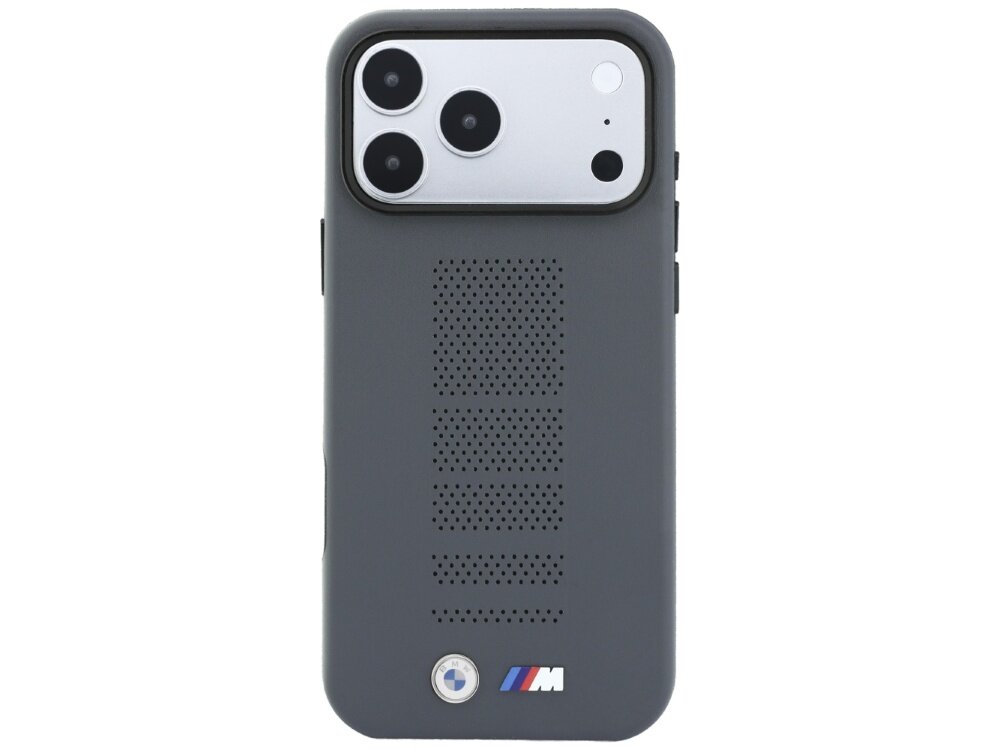 Szare etui na telefon z trzema dużymi otworami na aparaty fotograficzne oraz perforacją na tylnej części. Na dole widoczne jest logo BMW M.