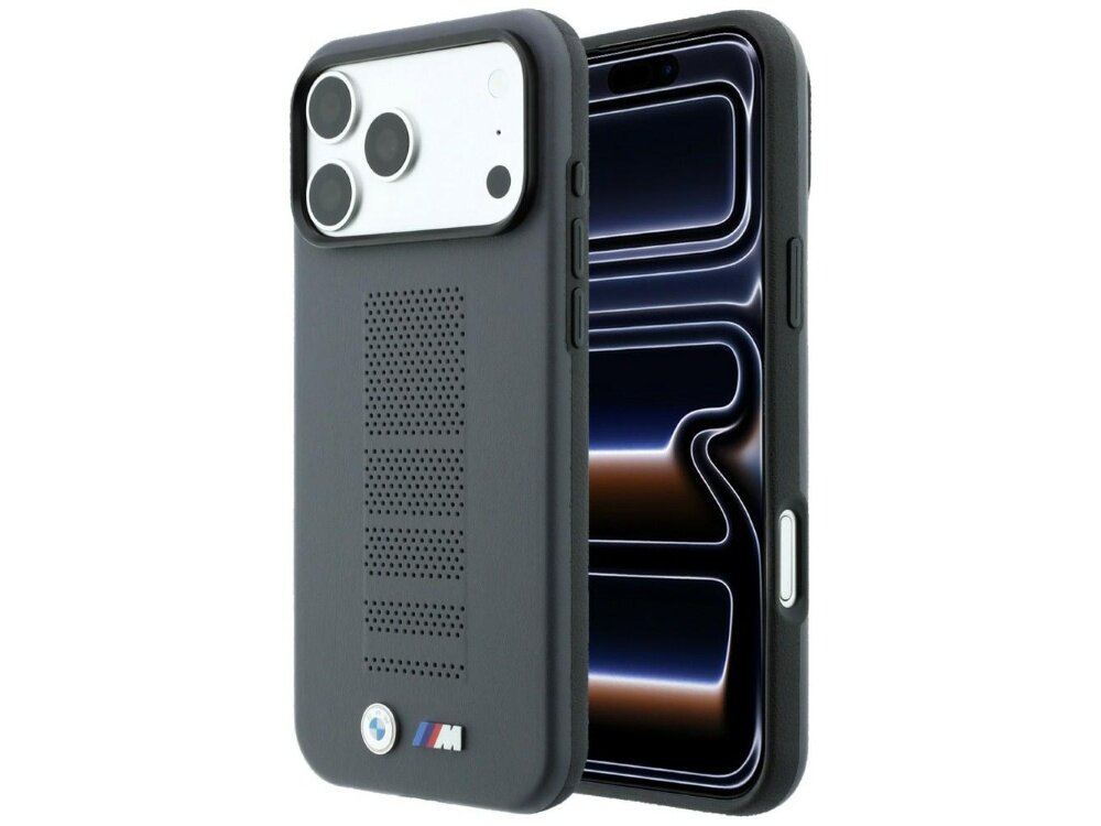 Szare etui z perforacją i metalowym logo M na dole, przeznaczone do telefonu z trzema dużymi obiektywami aparatu. Obok widoczny jest telefon z wyświetlaczem o abstrakcyjnym wzorze.
