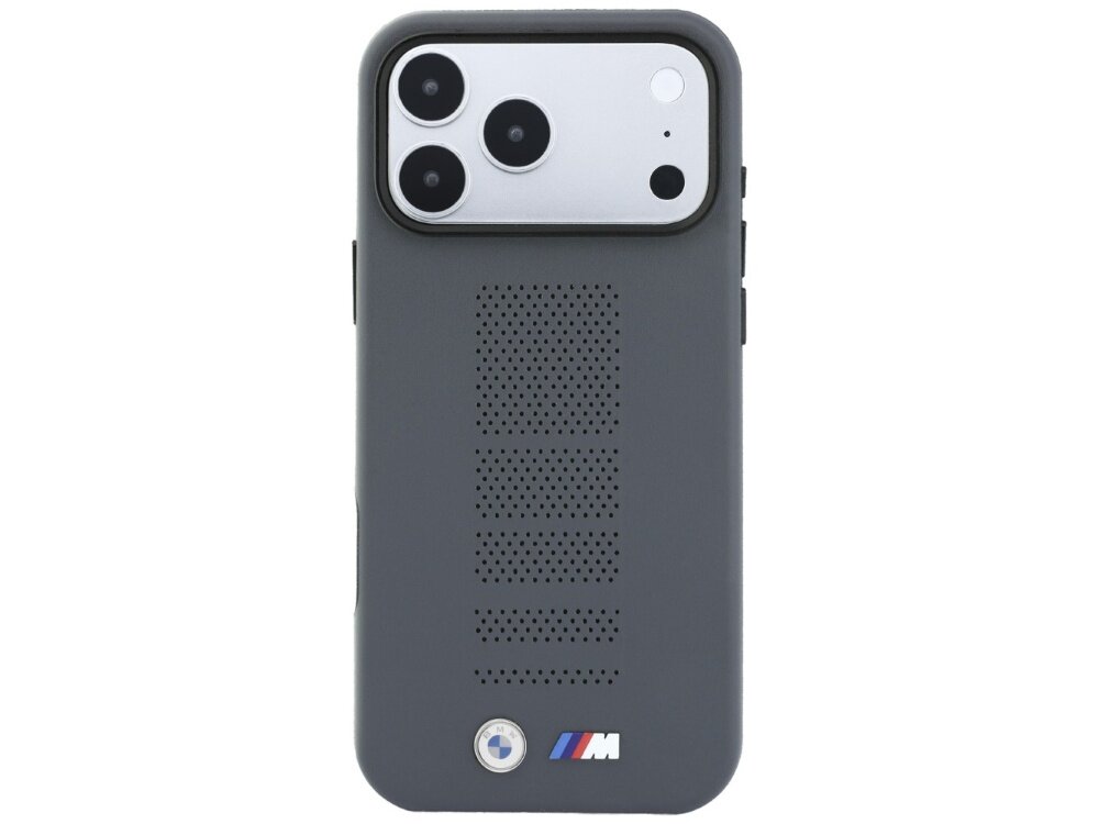 Szare etui na telefon z trzema dużymi otworami na aparaty oraz perforacją na tylnej części. Na dole widoczne jest logo BMW M.