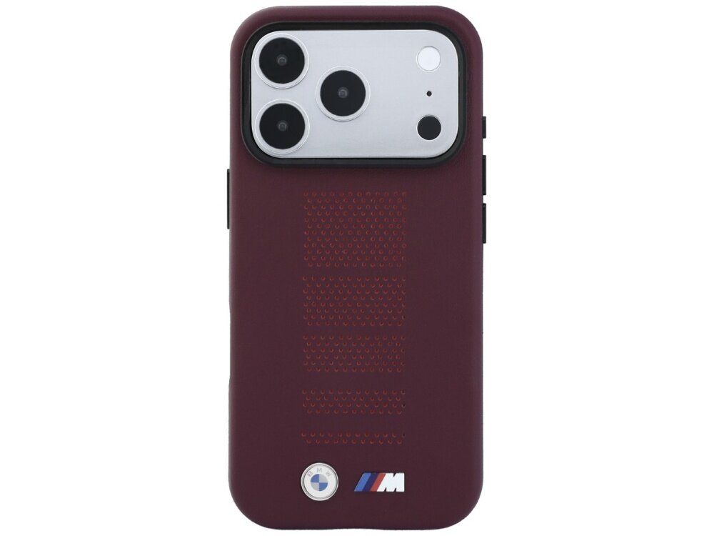 Bordowe etui na telefon z trzema dużymi otworami na aparaty i logo BMW M na dole. Etui ma perforowany wzór na środku.