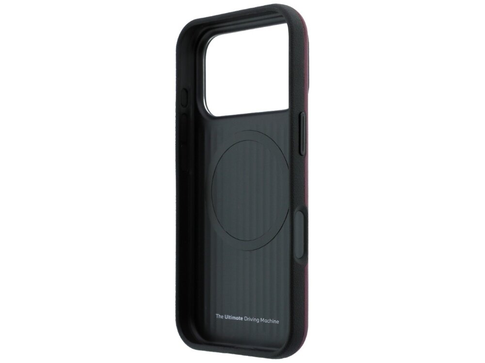 Etui na telefon w kolorze bordowym z czarnym wnętrzem, posiada okrągły wzór na środku. Na dole widoczny jest napis \'The Ultimate Driving Machine\'.