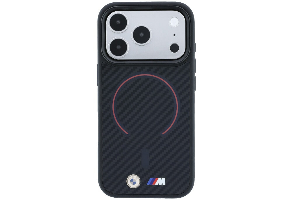 Czarne etui z włókna węglowego z czerwonym okręgiem i logo \'M\' na dole. Widoczny jest aparat telefonu z trzema obiektywami.