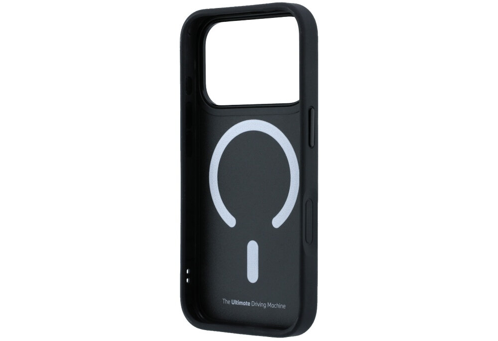 Czarne etui na telefon z dużym otworem na aparat i białym okrągłym wzorem na tylnej części. Na dole widoczny jest napis \'The Ultimate Driving Machine\'.